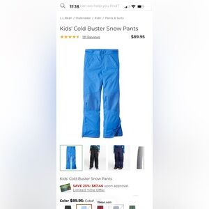 LL bean little kids cold busters snow pants, sz 4